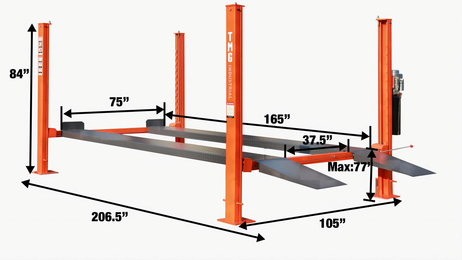 TMG Industrial 4-Post Auto Lift, 9,000 lb Lift Capacity, 77” Rise, Removable Ramp, CETL Certified Power Unit, TMG-ALF90-specifications-image