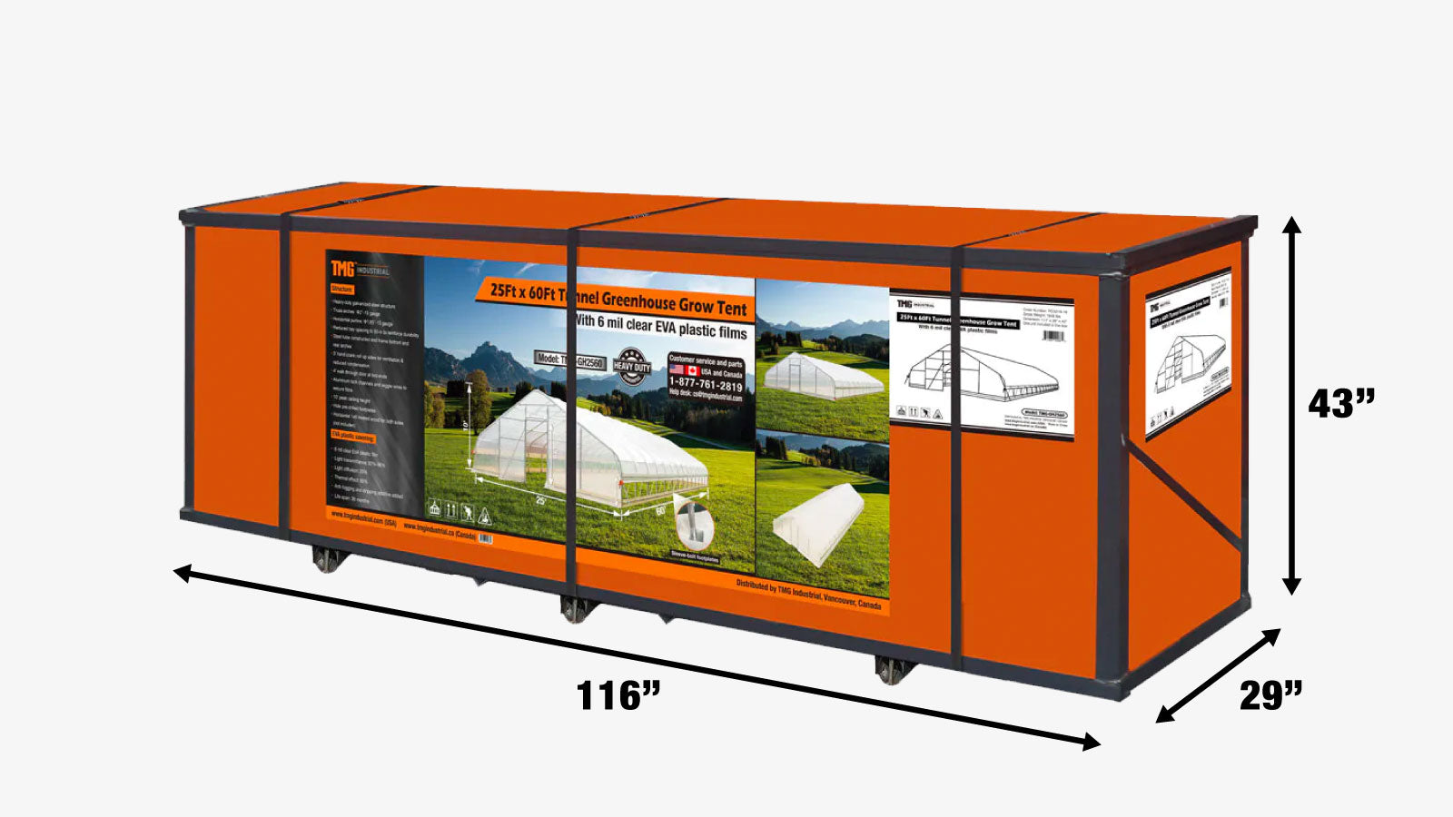 TMG Industrial 25’ x 60’ Tunnel Greenhouse Grow Tent w/6 Mil Clear EVA Plastic Film, Cold Frame, Hand Crank Roll-Up Sides, Peak Ceiling Roof, TMG-GH2560-shipping-info-image