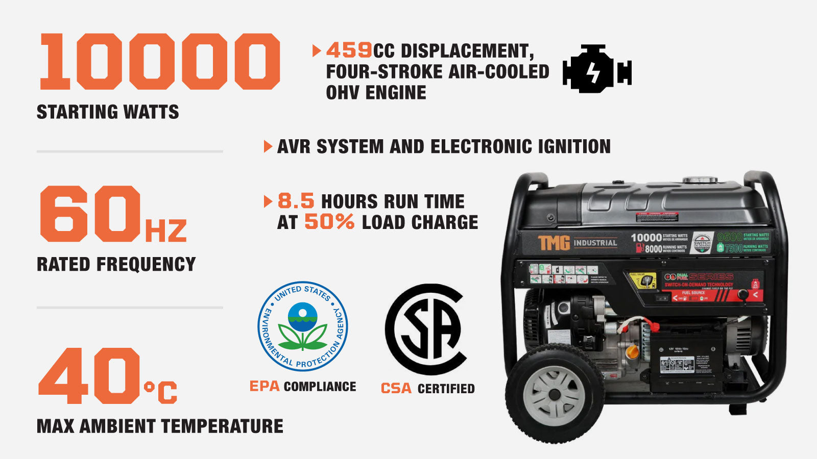 TMG Industrial 10,000-Watt Dual Fuel Generator (Gasoline and LPG) with Electric Start, 8.5 Hour Run Time, TMG-10000GED-description-image