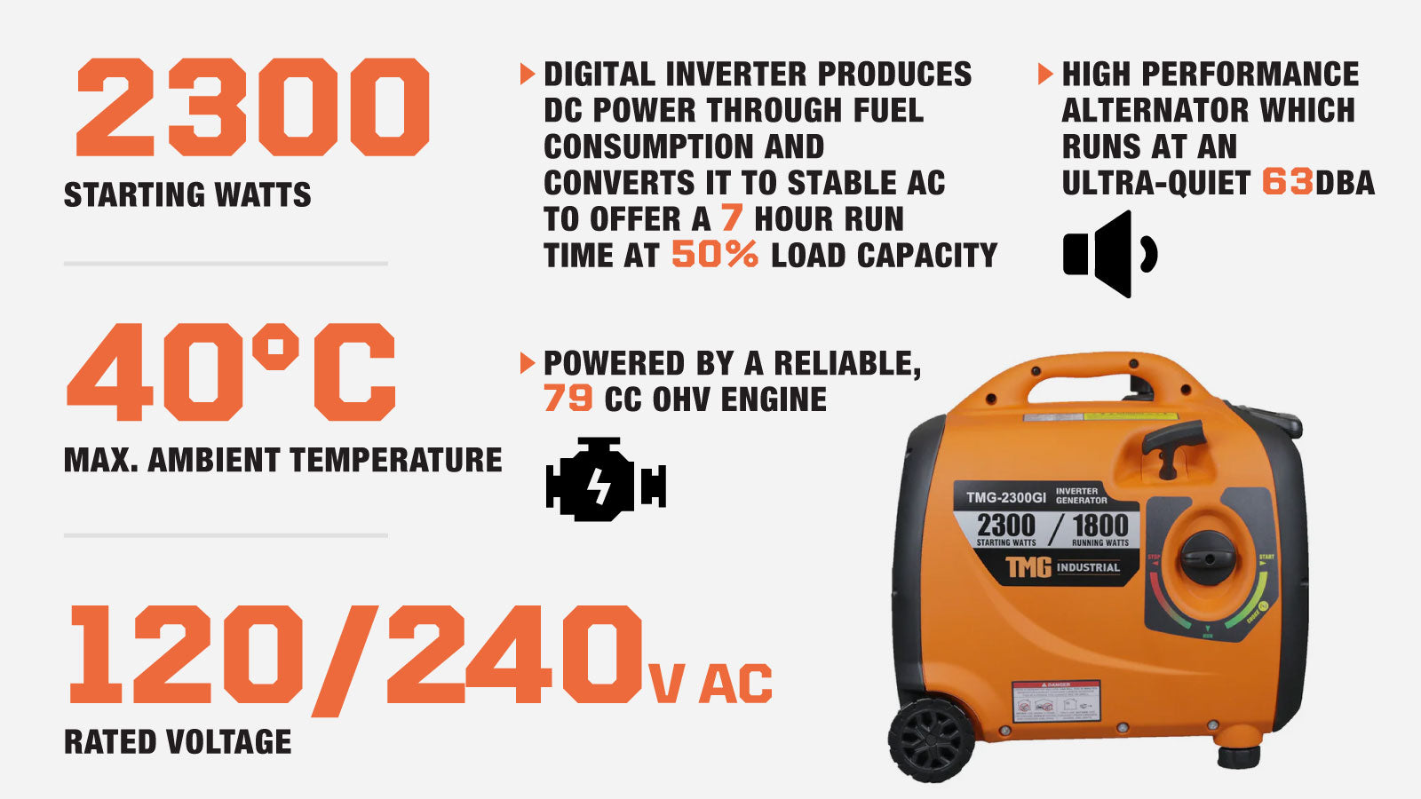 TMG Industrial 2300 Watt Digital Inverter Gasoline Generator, 79 cc OHV Engine, 6.5 Hour Run Time, 120/240 VAC, Telescopic Pull Handle, Parallel Cable Kit, TMG-2300GI-description-image