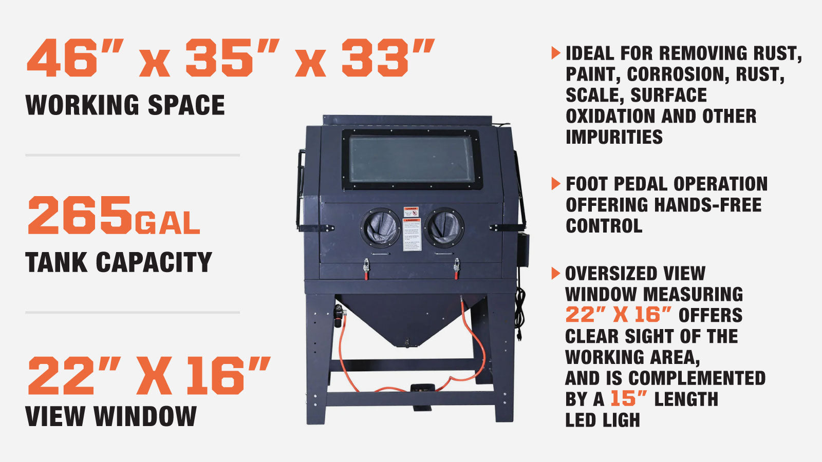 TMG Industrial 265 Gallon/990L Commercial Cabinet Sandblaster, Vacuum Filtration System, Oversized View Window, 125 PSI, 24 CFM, TMG-ABC99-description-image