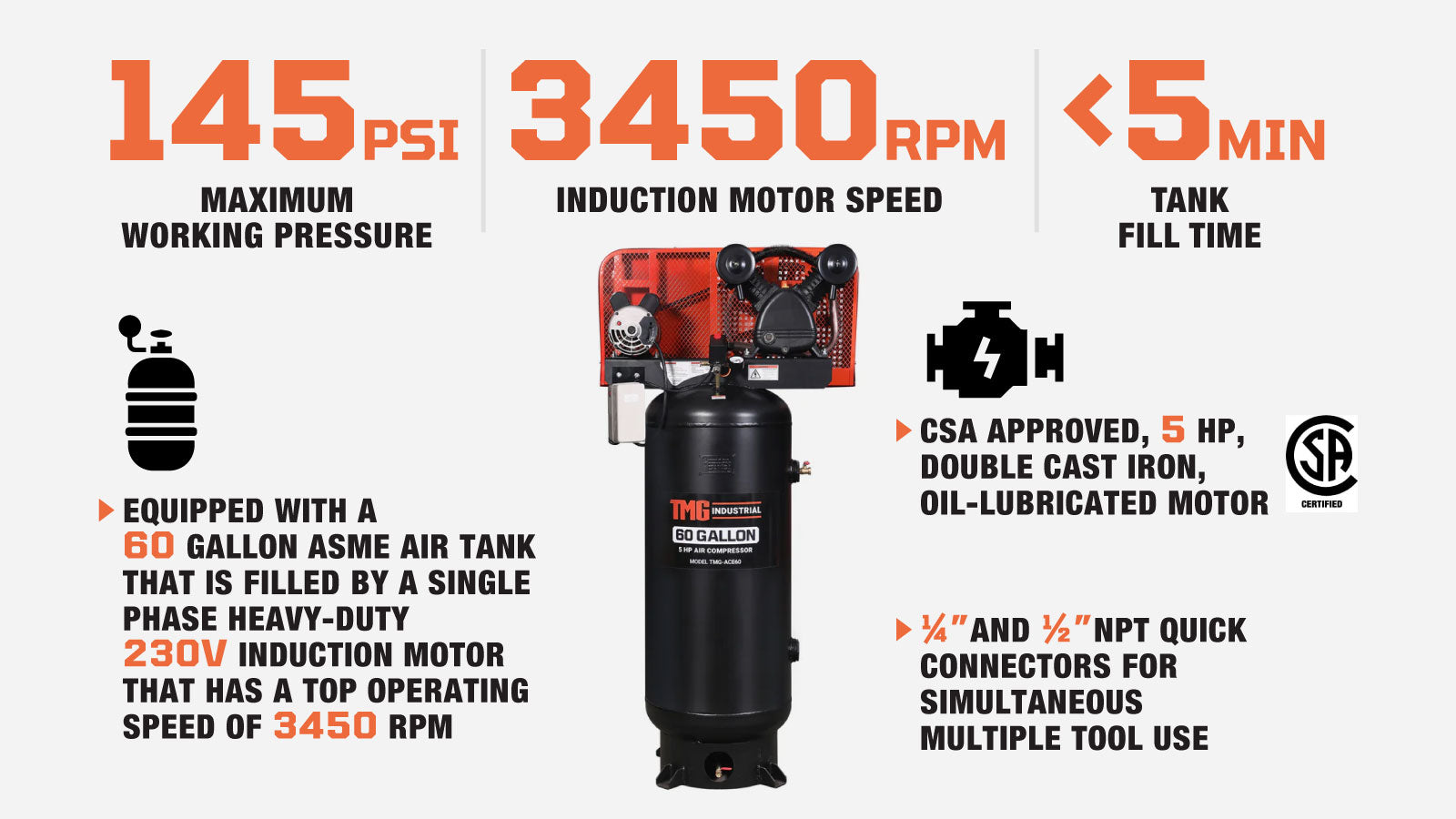 TMG Industrial 60 Gallon 5 HP Stationary Electric Air Compressor, 5 Min Fill Time, 230V Induction Motor, ASME Vertical Tank, TMG-ACE60-description-image