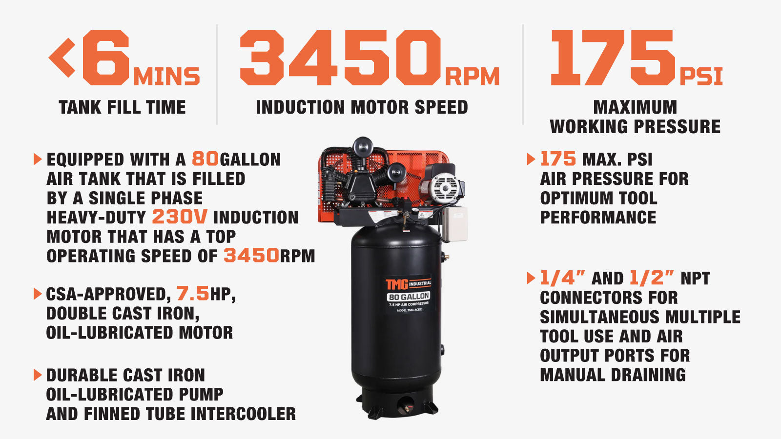 TMG Industrial 80 Gallon 7.5 HP Stationary Electric Air Compressor, 6 Min Fill Time, 230V Induction Motor, Vertical Tank, TMG-ACE85-description-image