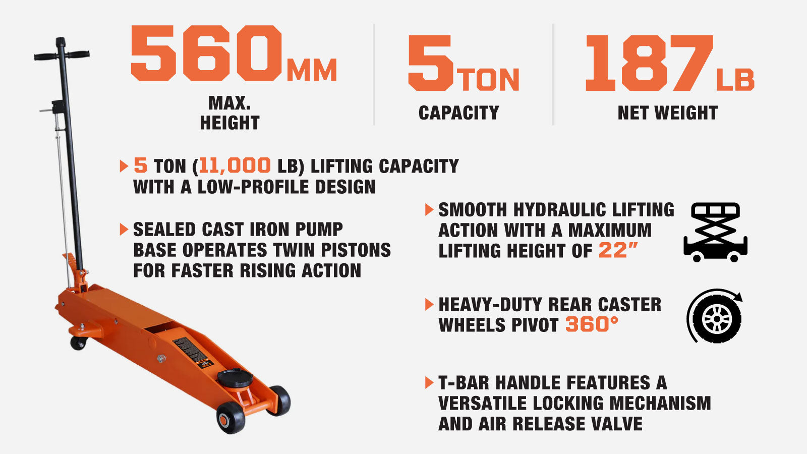 TMG Industrial 5 Ton Long Reach Chassis Service Jack, Single Piston, 6-1/2” Ground Clearance, 360° Pivot, TMG-AJL05-description-image
