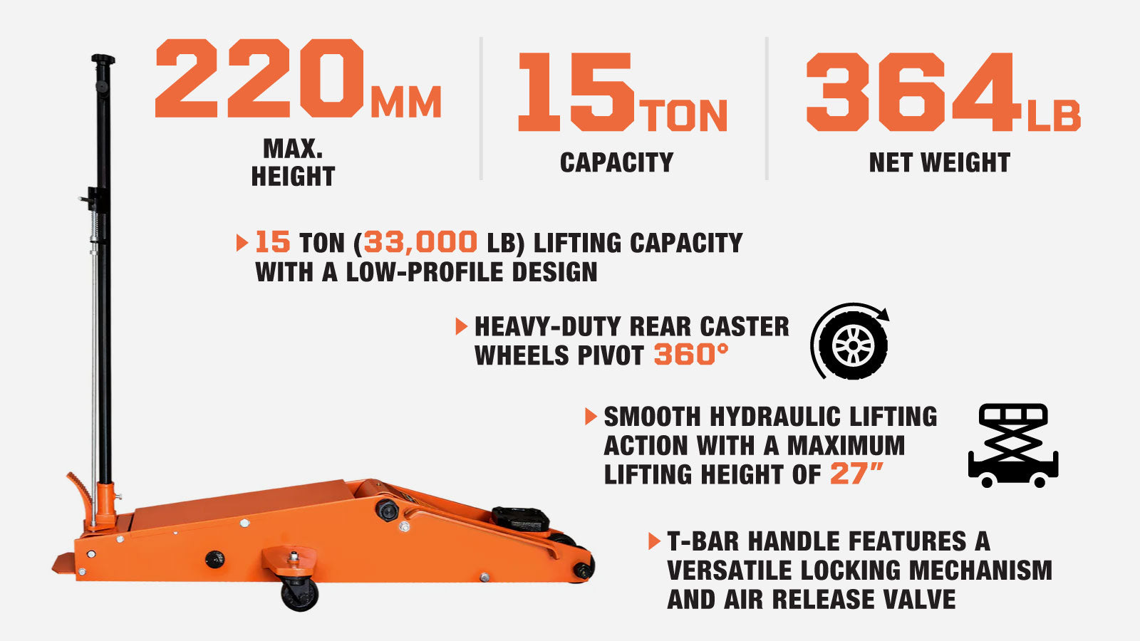 TMG Industrial 15 Ton Long Reach Chassis Service Jack, Twin Pistons, 9” Ground Clearance, 360° Pivot, TMG-AJL15-description-image