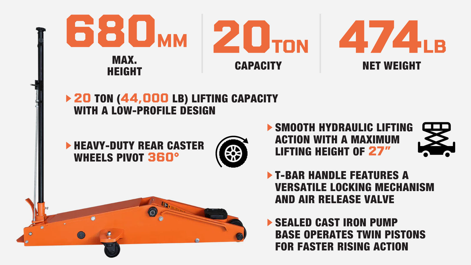 TMG Industrial 20 Ton Long Reach Chassis Service Jack, Twin Pistons, 9” Ground Clearance, 360° Pivot, TMG-AJL20-description-image