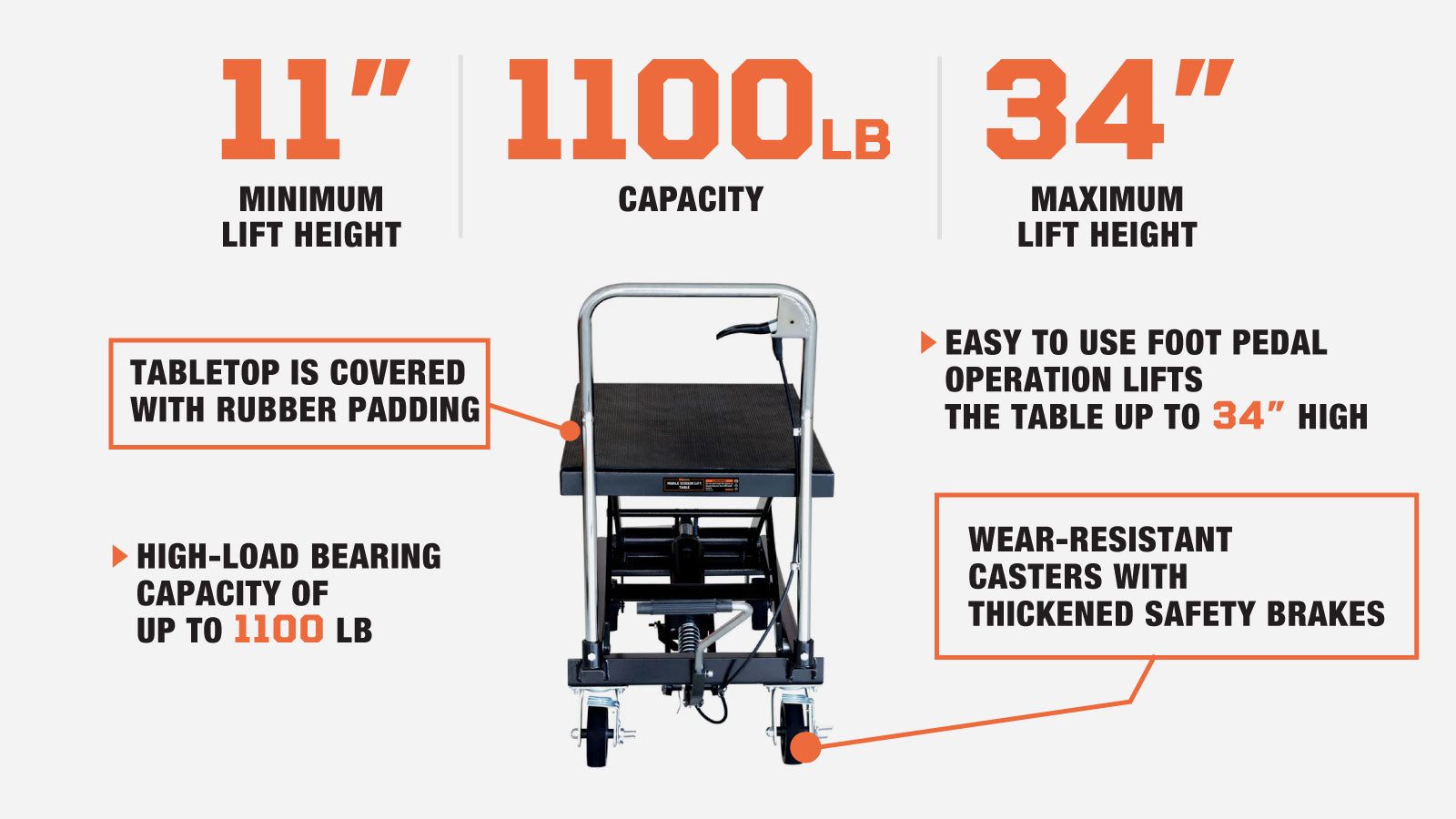 TMG Industrial 1100-lb Mobile Scissor Lift Table, 34” Lifting Height, Foot Pedal Operation, Rubber Padded Tabletop, TMG-ALS05-description-image