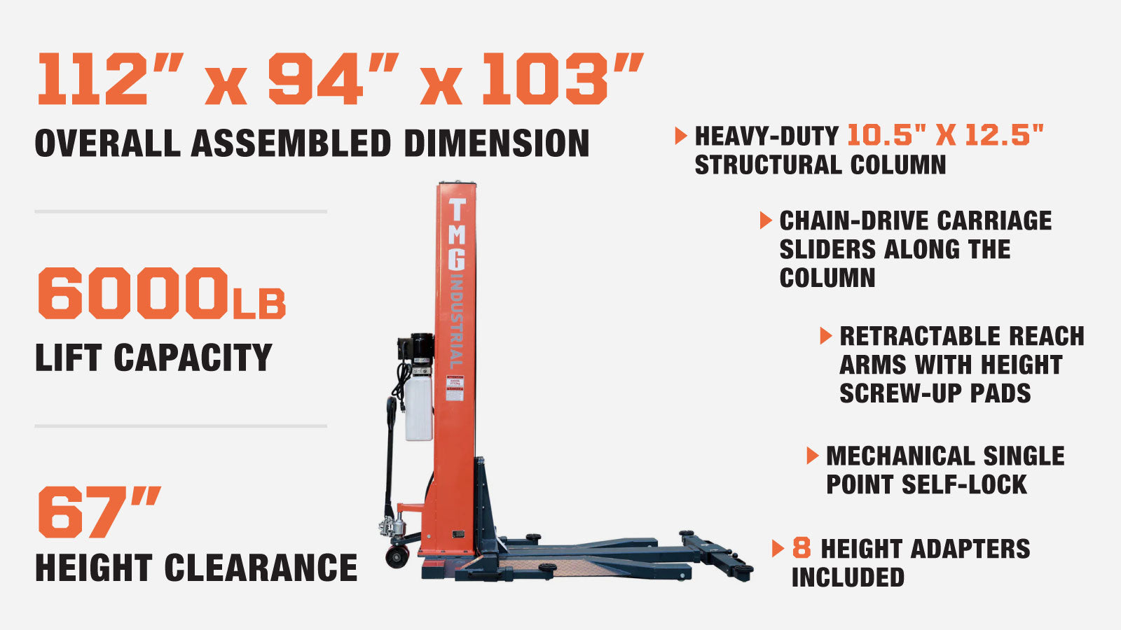 TMG-ALSP60 6000 LB Portable Single Post Auto Lift, 72'' Lifting Height, Low Profile Jack, CETL certified Pump-description-image