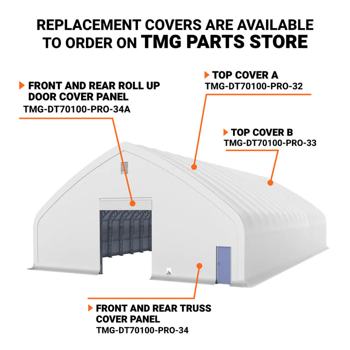 TMG Industrial Pro Series 70' x 100' Dual Truss Storage Shelter with Heavy Duty 32 oz PVC Cover & Drive Through Doors, TMG-DT70100-PRO