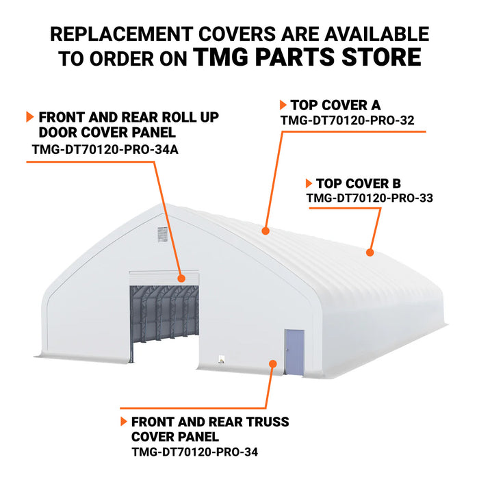 TMG Industrial Pro Series 70' x 120' Dual Truss Storage Shelter with Heavy Duty 32 oz PVC Cover & Drive Through Doors, TMG-DT70120-PRO