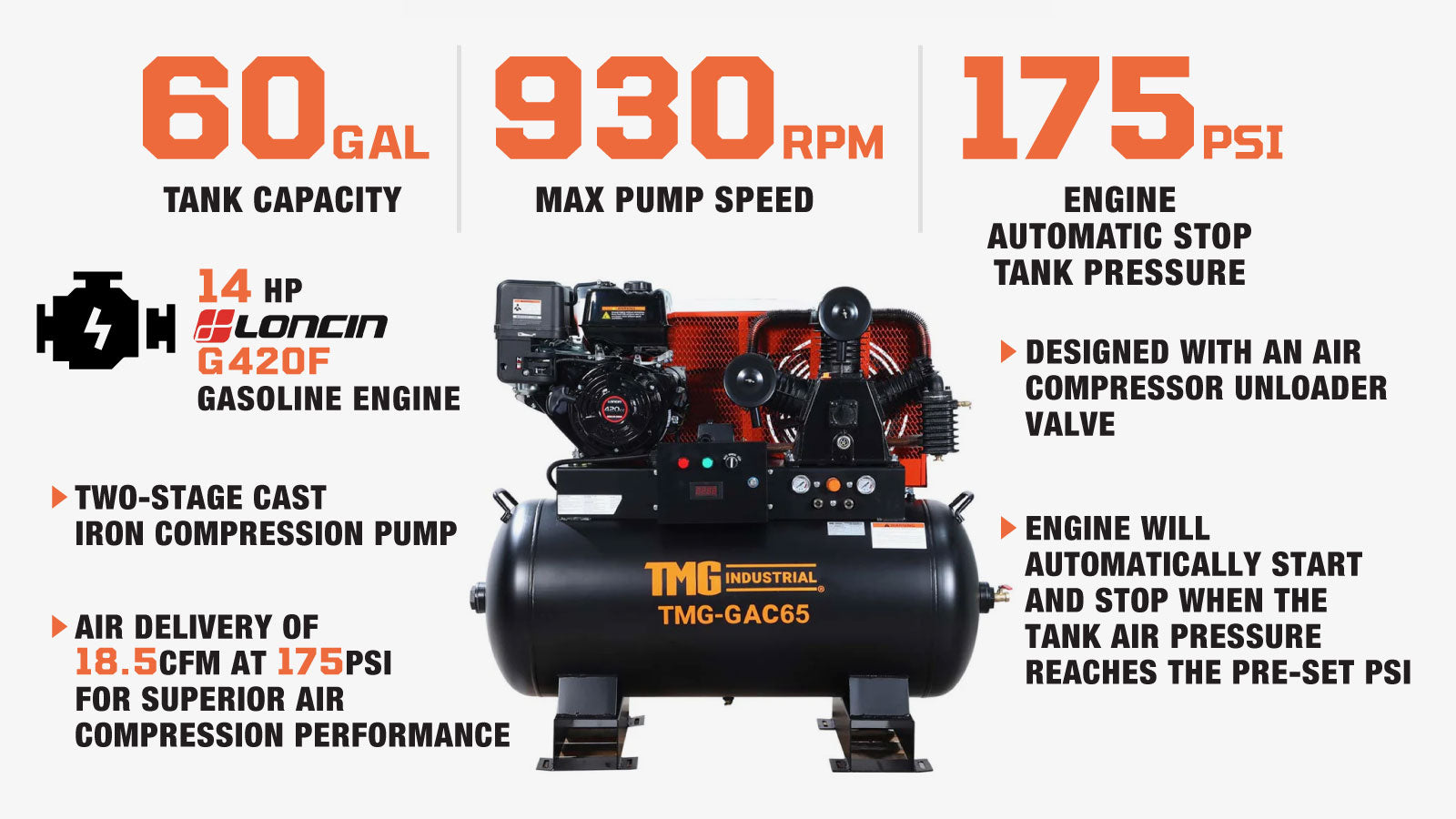 TMG Industrial 60 Gallon 2-Stage Truck Mounted Air Compressor, 14 HP LONCIN G420F Engine, , Horizontal Tank, 18.5 CFM @ 175 PSI, TMG-GAC65-description-image