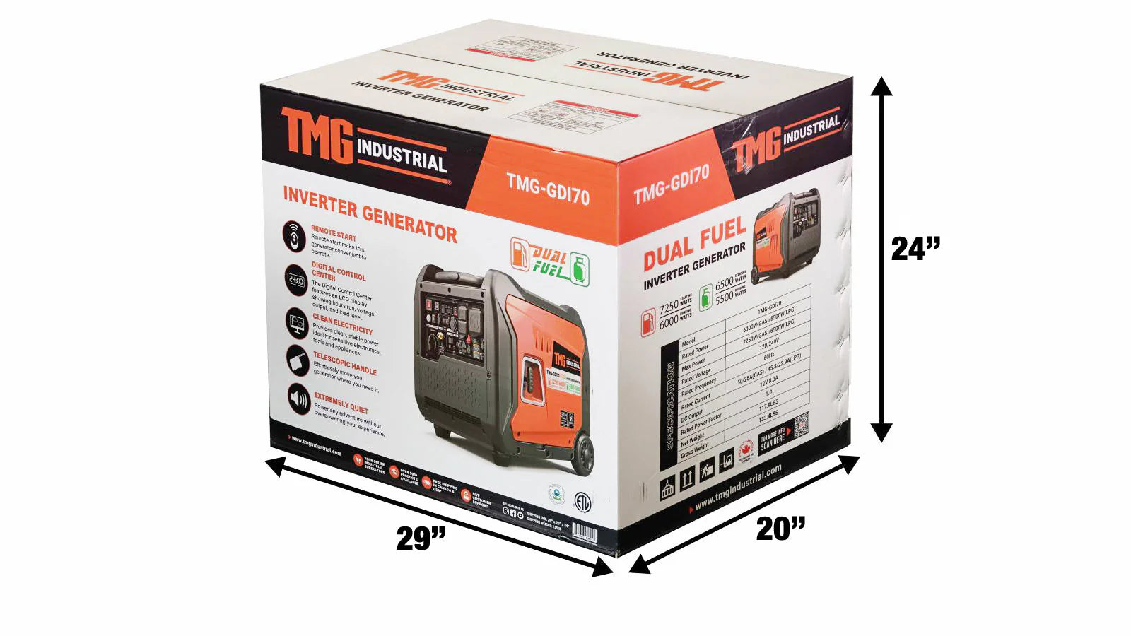 TMG Industrial 7250 Watt Digital Inverter Hybrid Portable Generator, Dual Fuel Capability (Gas/LPG), 6.5hrs 50% Load Run Time, CETL, ETL Certified For Canada/US, EPA Emissions Compliance, TMG-GDI70-shipping-info-image