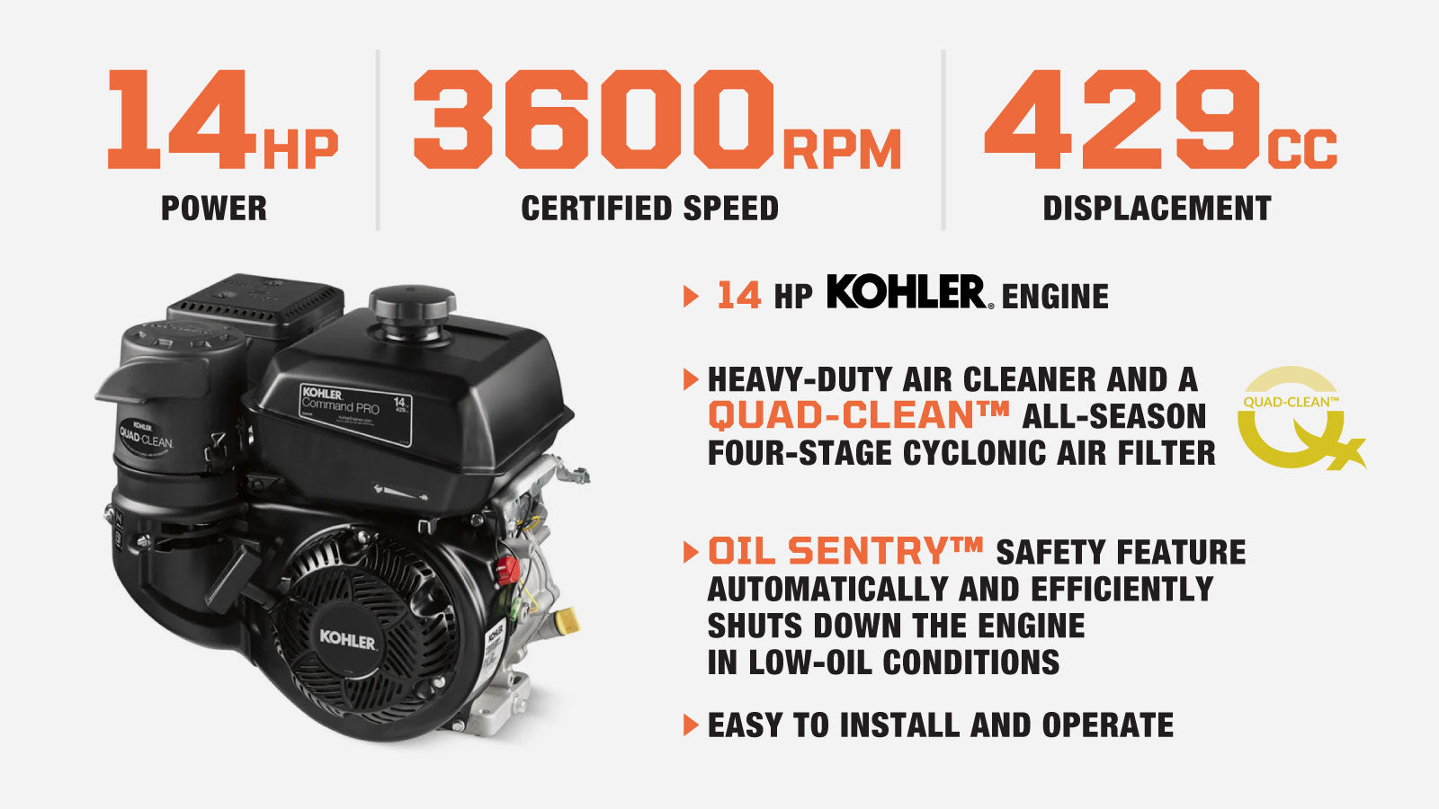 TMG Industrial Kohler 14 HP Gasoline Engine, CH440 Command Pro Series, Quad-Clean™ Cyclonic Air Filter, Large-Capacity Fuel Tank, TMG-GEK14-description-image