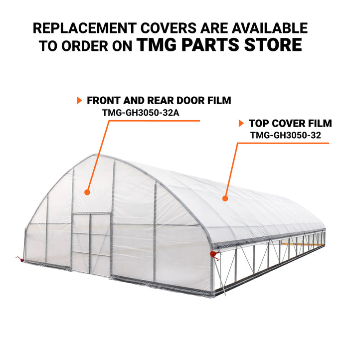 TMG Industrial 30’ x 50’ Tunnel Greenhouse Grow Tent w/6 Mil Clear EVA Plastic Film, Cold Frame, Hand Crank Roll-Up Sides, Peak Ceiling Roof, TMG-GH3050