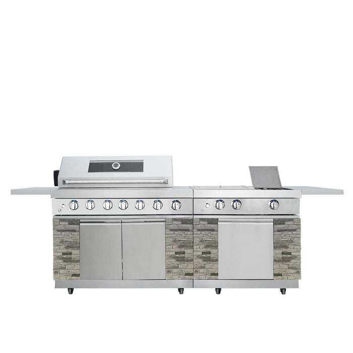 TMG Industrial 9’ Cultured Stone 6-Burner Outdoor Gas Grill, 6 Main Burners, Cast Iron Burner, Side Burner, Griddle Burner, CSA Certified, TMG-LKS09S