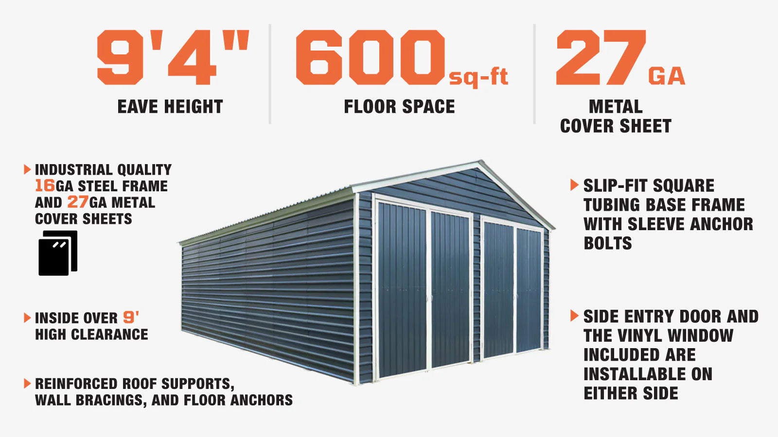 TMG Industrial 20’ x 30’ Metal Garage Shed with 9' High Double Front Doors, 13’ Peak Height, Side Entry Door, 600 Sq-Ft Floor Space, TMG-MS2030-description-image