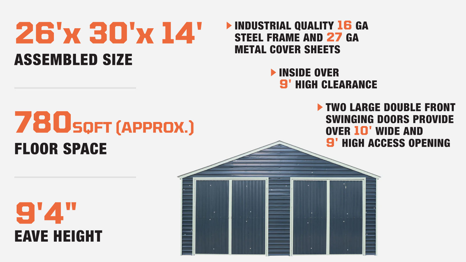 TMG Industrial 26’ x 30’ Metal Garage Shed with 9’ High Double Front Doors, 14’ Peak Height, Side Entry Door, 780 Sq-Ft Floor Space, TMG-MS2630-description-image