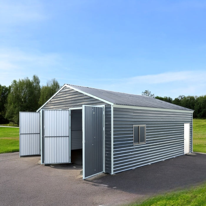 TMG Industrial 26’ x 30’ Metal Garage Shed with 9’ High Double Front Doors, 14’ Peak Height, Side Entry Door, 780 Sq-Ft Floor Space, TMG-MS2630