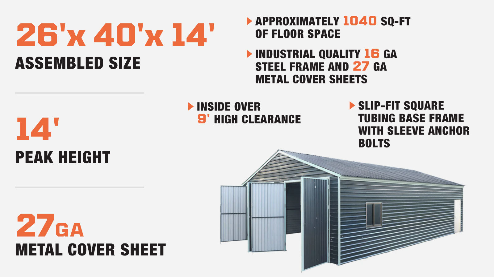 TMG Industrial 26’ x 40’ Metal Garage Shed with 9’ High Double Front Doors, 14’ Peak Height, Side Entry Door, 1040 Sq-Ft Floor Space, TMG-MS2640-description-image