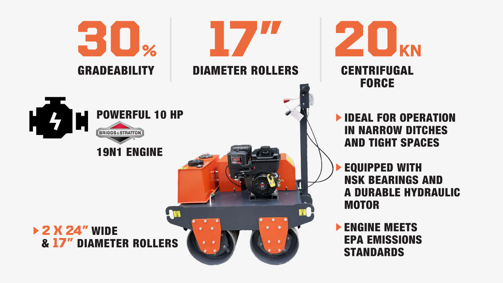 TMG Industrial 10 HP Double Wheel Vibratory Roller, 2 x 24” Wide & 17” Diameter Rollers, EPA Emissions Compliance, TMG-MVR25-description-image