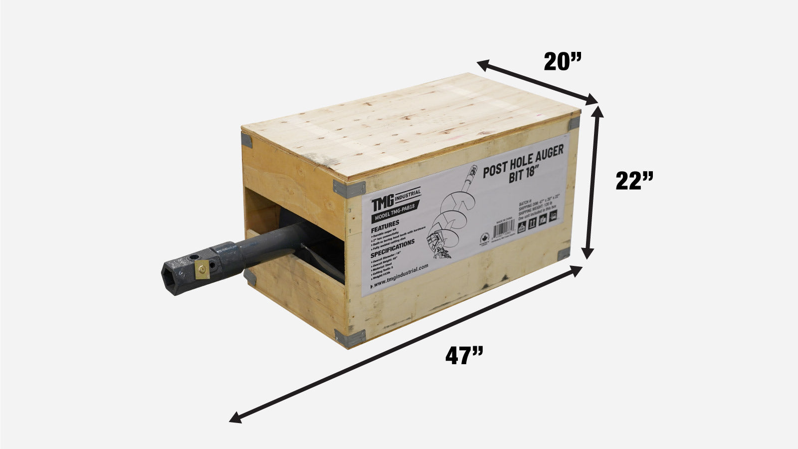 TMG Industrial 18” Post Hole Auger Bit, 48” Height, Fully Welded Cutting Disk, 5 Sharp Cutting Teeth, 2” Hex Drive, Built-In Boring Head, TMG-PAB18-shipping-info-image