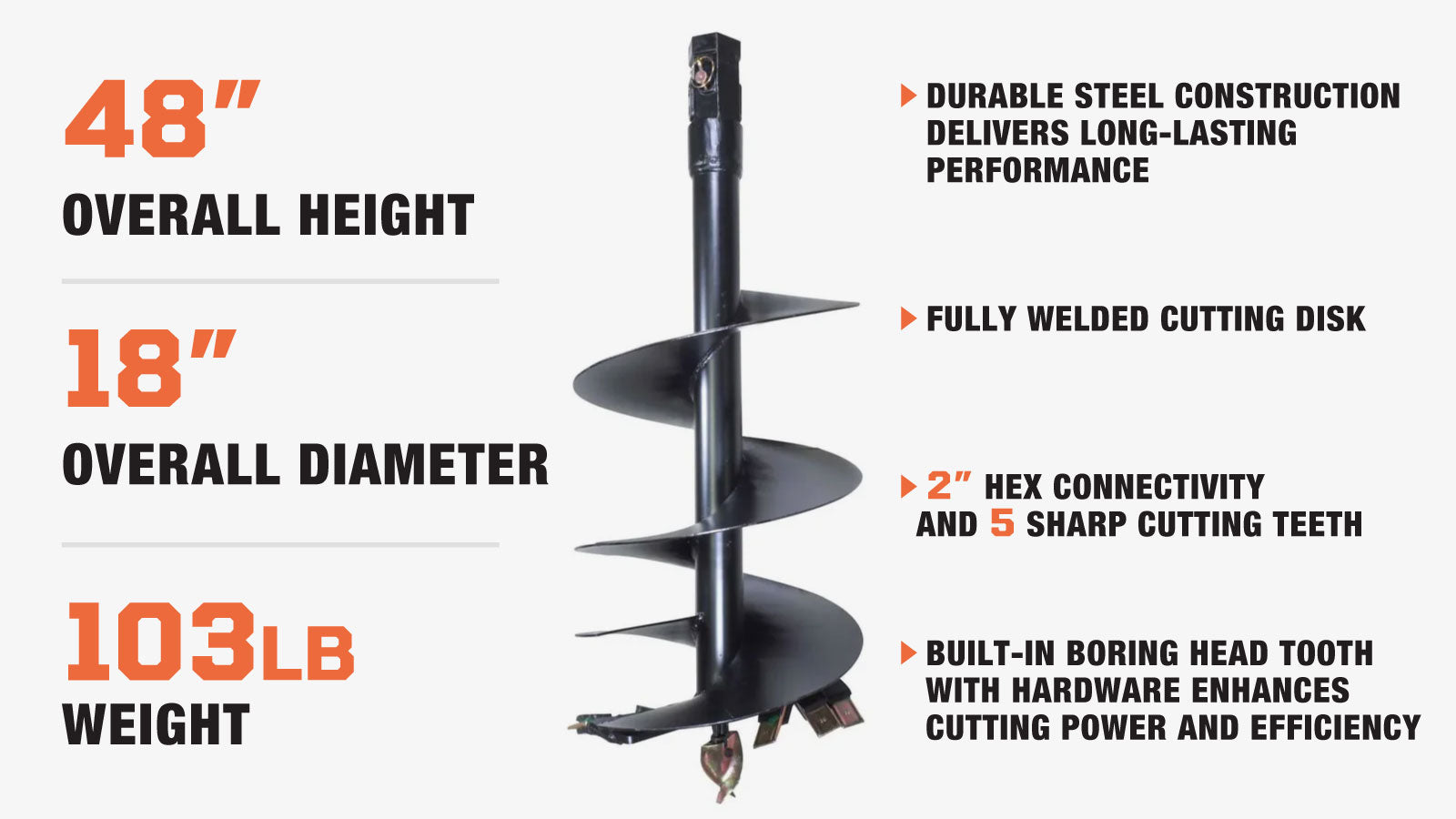 TMG Industrial 18” Post Hole Auger Bit, 48” Height, Fully Welded Cutting Disk, 5 Sharp Cutting Teeth, 2” Hex Drive, Built-In Boring Head, TMG-PAB18-description-image