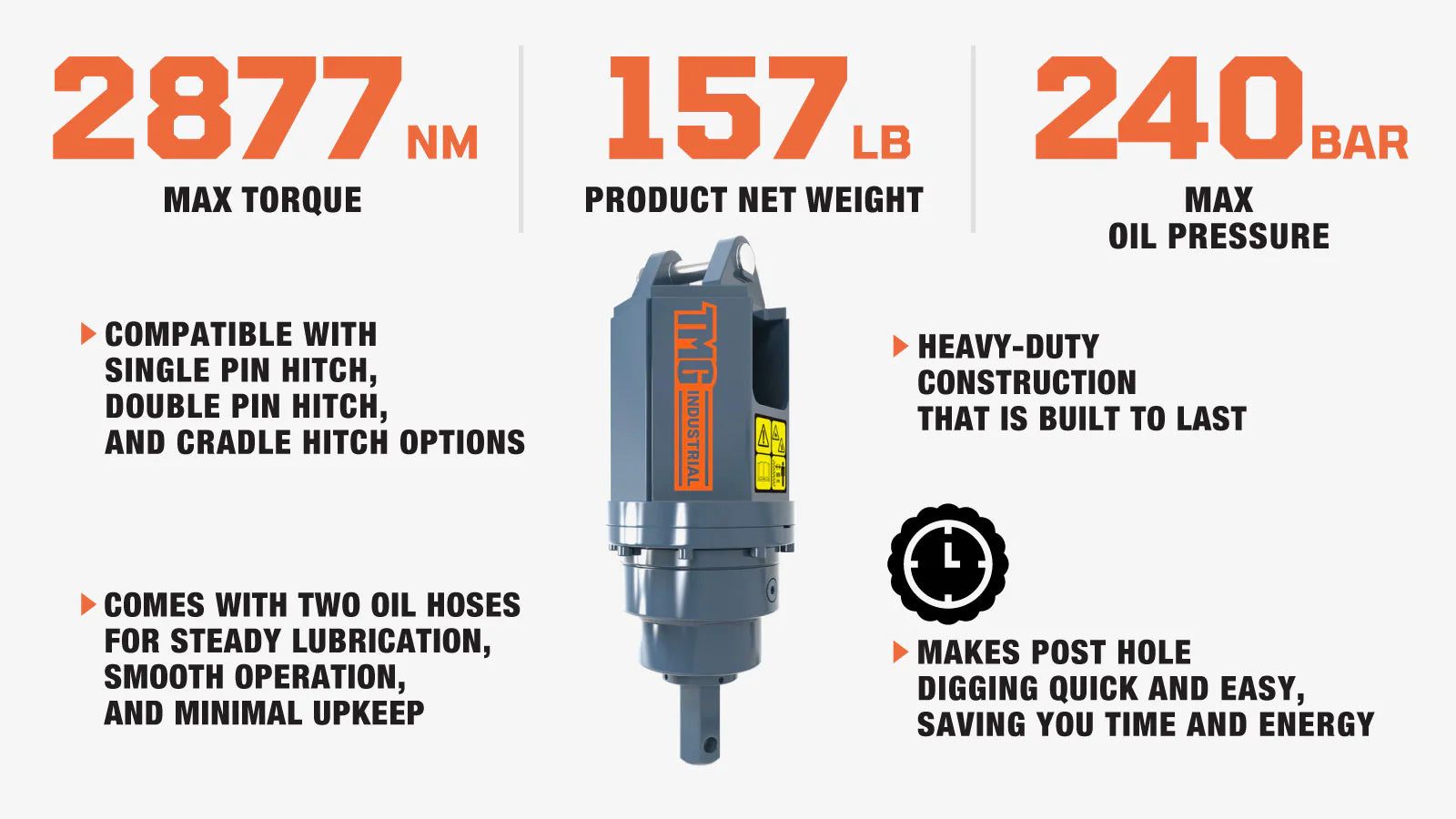 TMG Industrial Hydraulic Post Hole Auger Drive Power Head, 7-20 GPM Hydraulic Flow, 2” Hex Output Shaft, TMG-PAD30-description-image