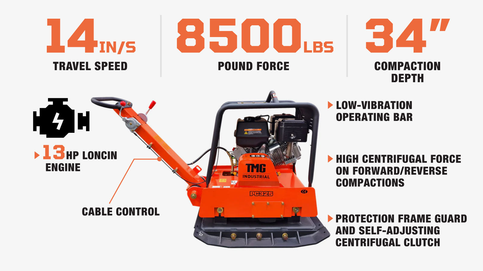 TMG Industrial 8500 Lbs Reversible Plate Compactor, 13 HP Loncin G390F EPA Engine, Self-Adjusting Centrifugal Clutch, TMG-PC325-description-image