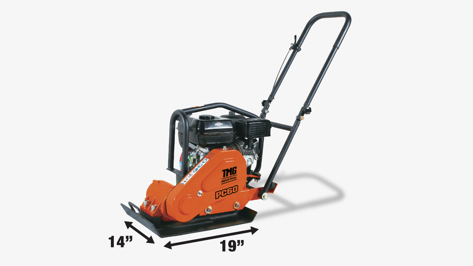 TMG Industrial 2380 Lbs Heavy-Duty Plate Compactor, 6.5 HP Loncin G200F Engine, 8” Compaction Depth, TMG-PC60-specifications-image