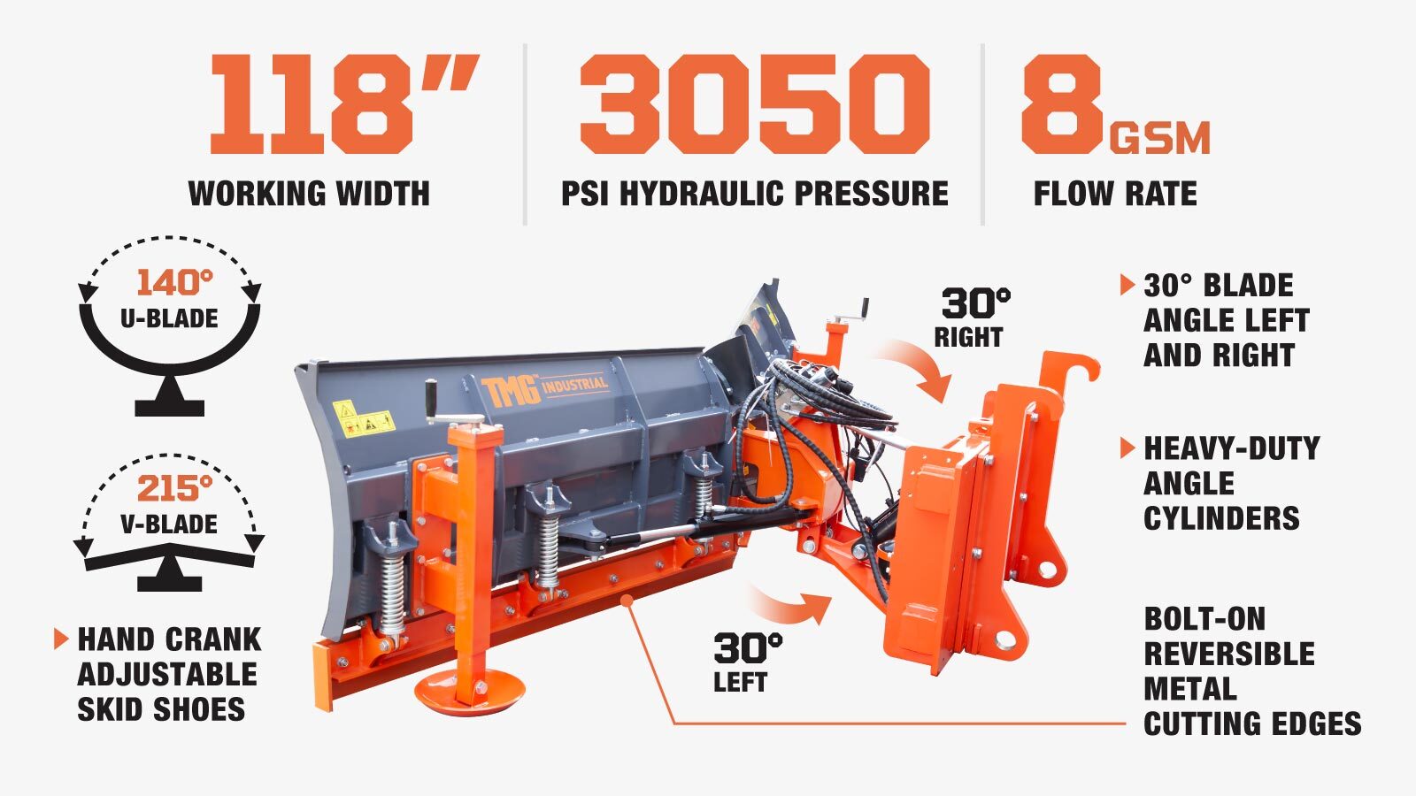 TMG Industrial 10’ U/V Angle Blade Snowplow, Metal Edges, 6 Positions, Accumulator & Solenoid Valve, Quick-Change Lugging, 40-90 HP Tractors, TMG-SP10X-description-image