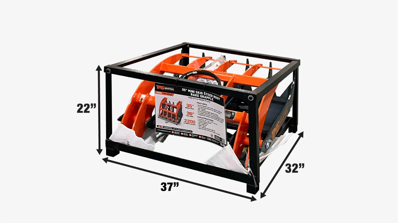 TMG Industrial Mini Skid Steer Root Rake Grapple, 35” Working Width, 2200-lb Capacity, Toro Style Mount Plate, TMG-SRG35-shipping-info-image