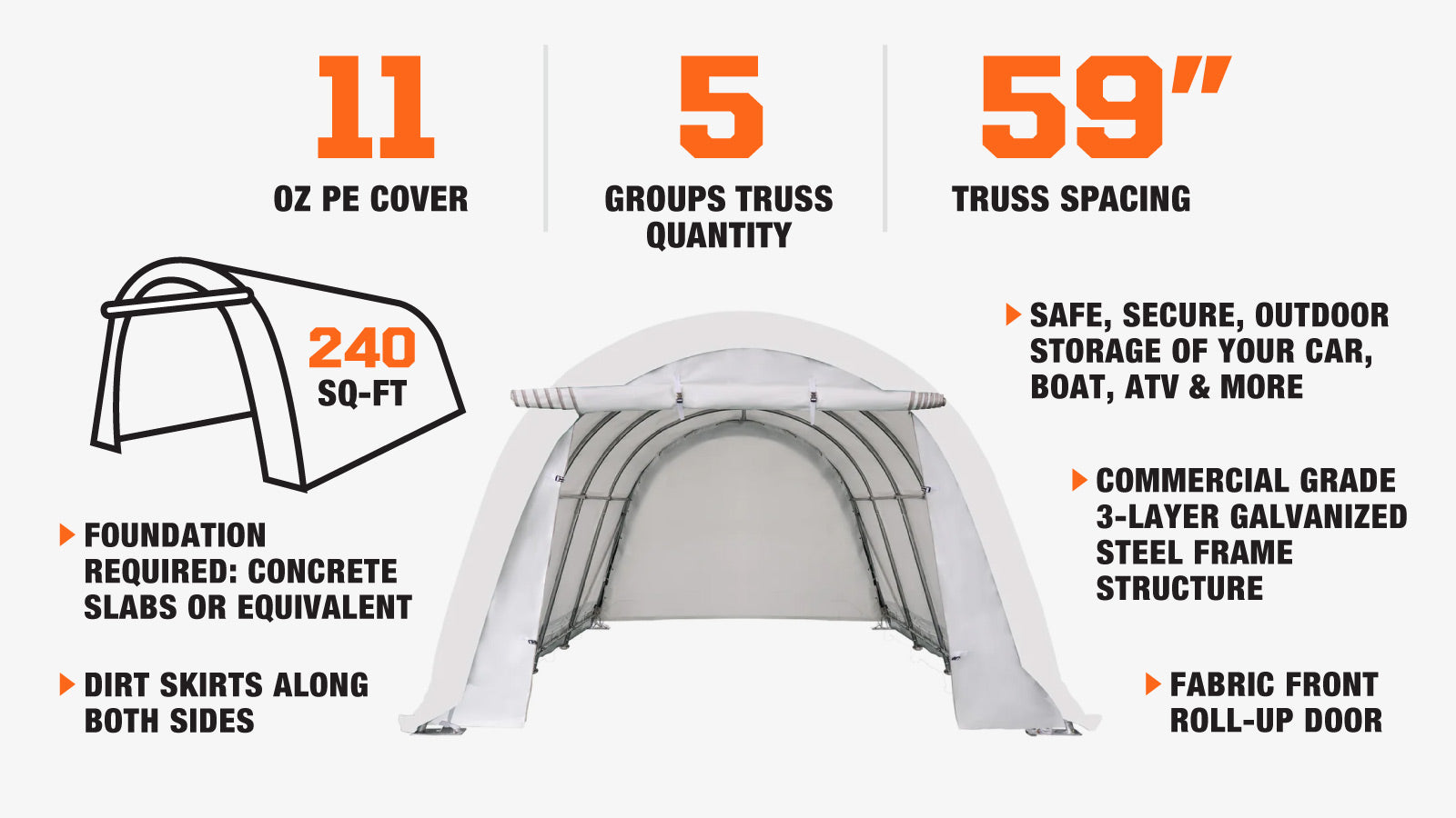 TMG Industrial 12’ x 20’ Car Shelter w/Rounded Roof & Heavy-Duty 11 OZ PE Fabric Cover, Galvanized Steel Frame, Fabric front roll-up door, TMG-ST1220R-description-image