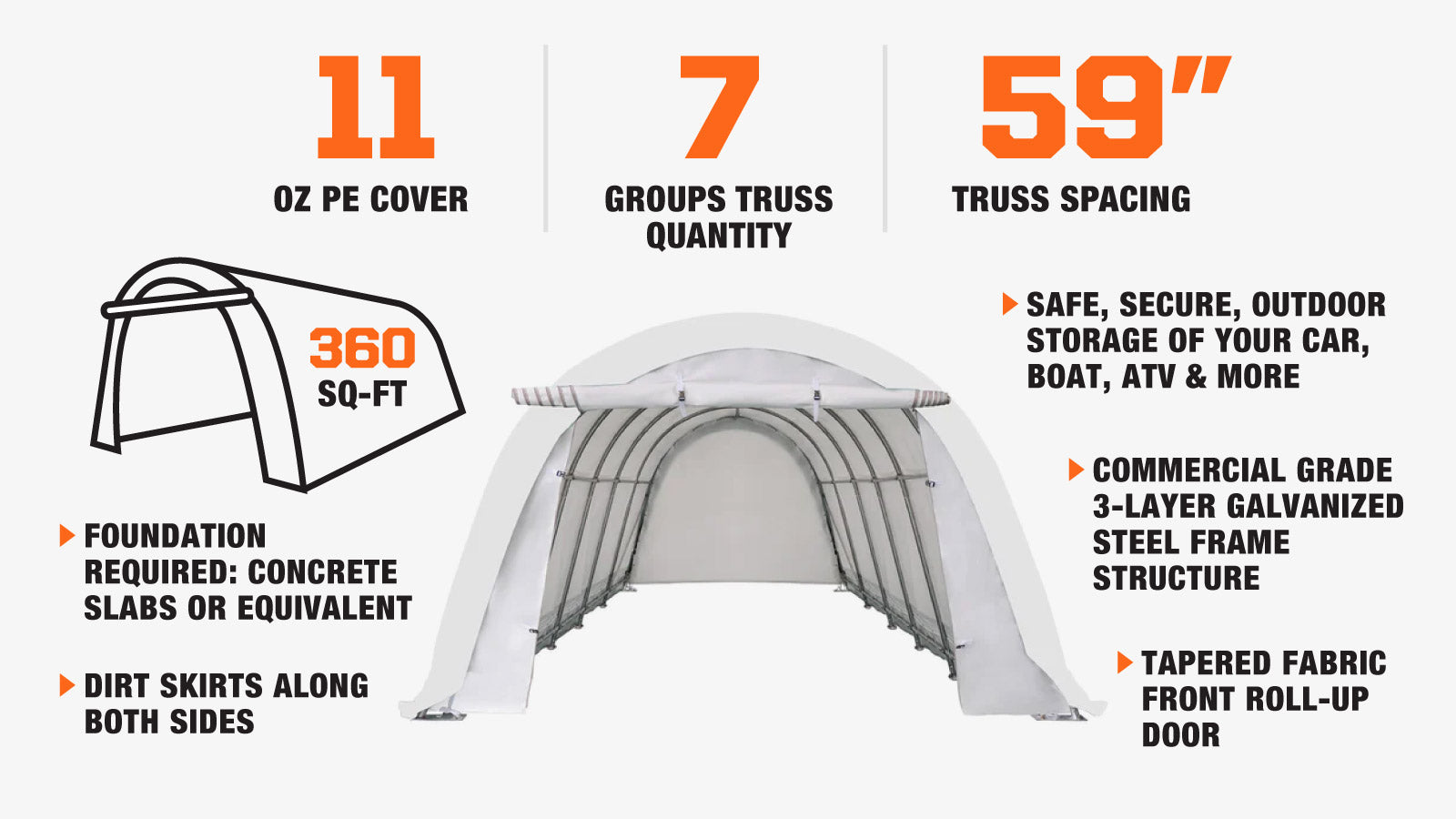 TMG Industrial 12’ x 30’ Car Shelter w/Rounded Roof & Heavy-Duty 11 OZ PE Fabric Cover, Galvanized Steel Frame, Fabric front roll-up door, TMG-ST1230R-description-image