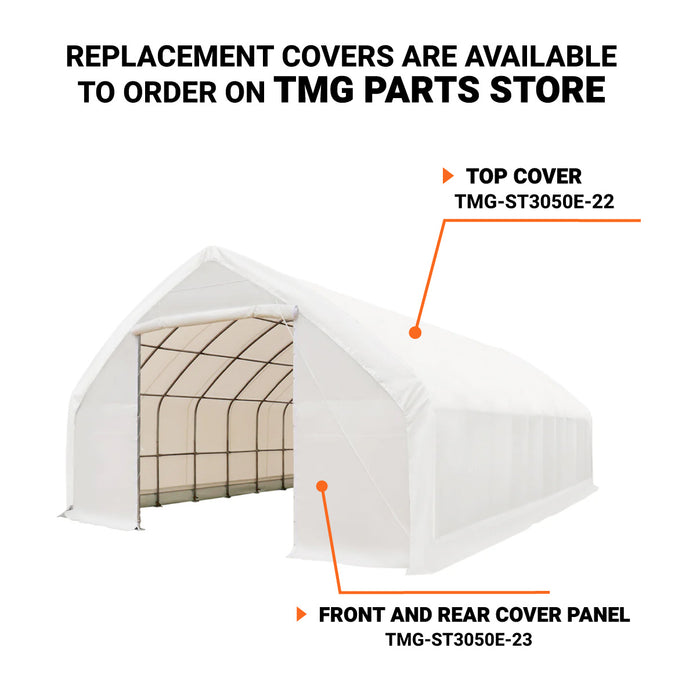TMG Industrial 30' x 50' Straight Wall Peak Ceiling Storage Shelter with Heavy Duty 11 oz PE Cover & Drive Through Doors, TMG-ST3050E(Previously ST3050)