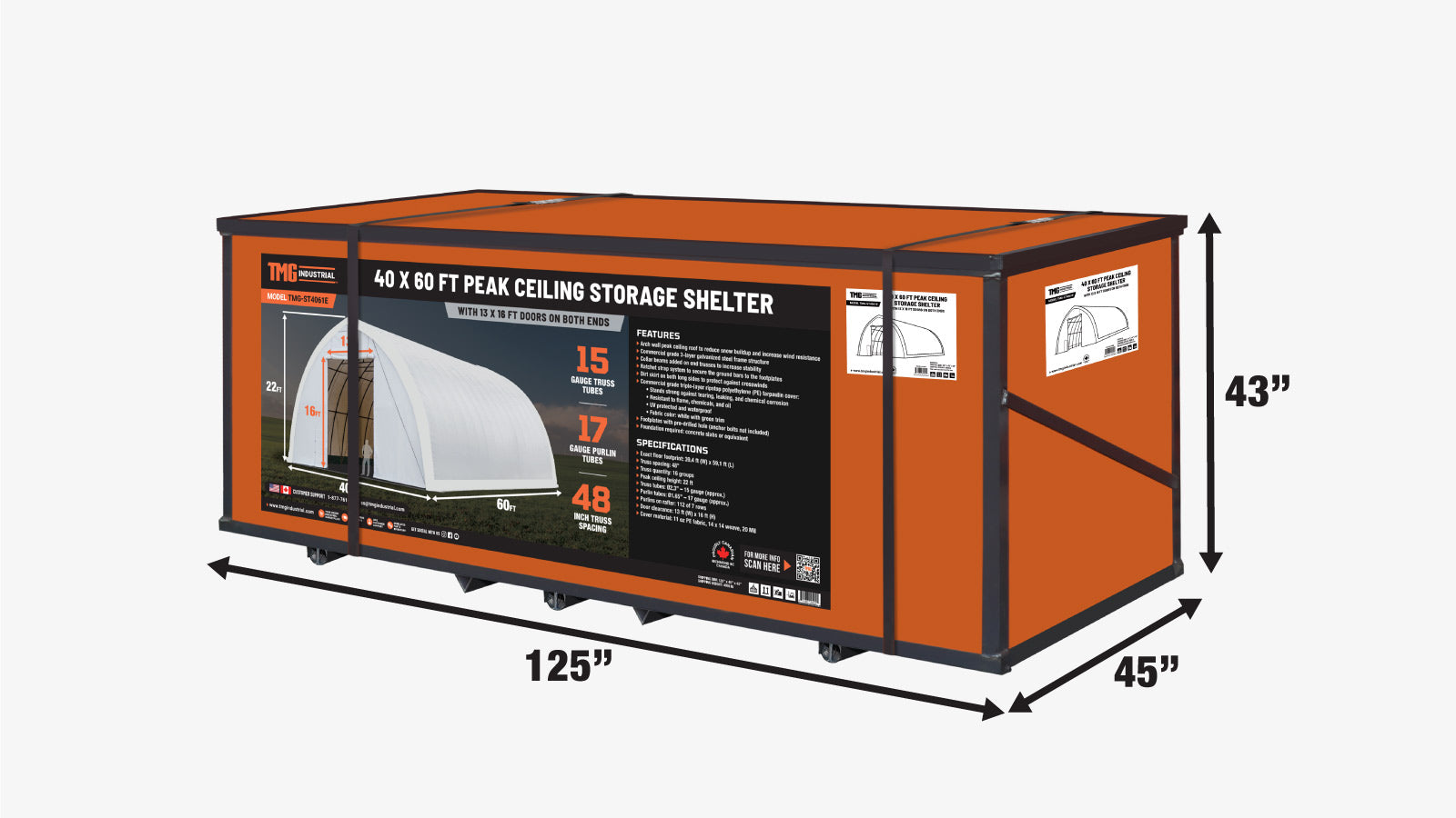 TMG-ST4061E 40' x 60' Peak Ceiling Storage Shelter, Single Truss, 11oz PE Cover, 13' W x 16' H Wide Open Door on Two End Walls-shipping-info-image