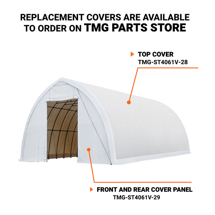 TMG-ST4061V 40' x 60' Peak Ceiling Storage Shelter, Single Truss, 17oz Commercial Grade PVC Cover, 13' W x 16' H Wide Open Door on Two End Walls