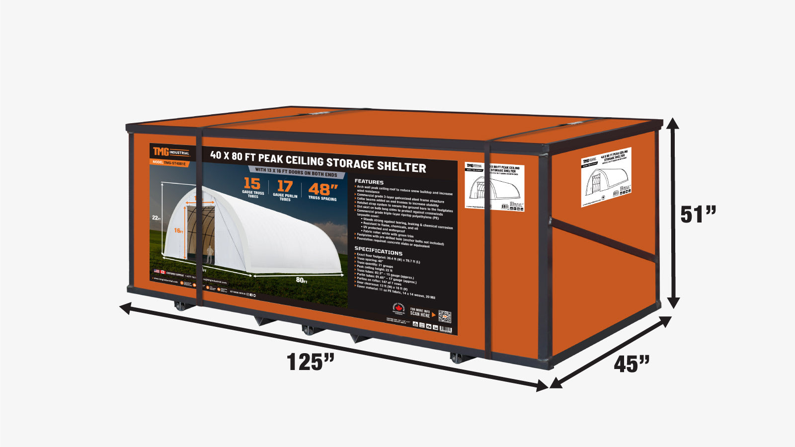 TMG-ST4081E 40' x 80' Peak Ceiling Storage Shelter, Single Truss, 11oz PE Cover, 13' W x 16' H Wide Open Door on Two End Walls-shipping-info-image