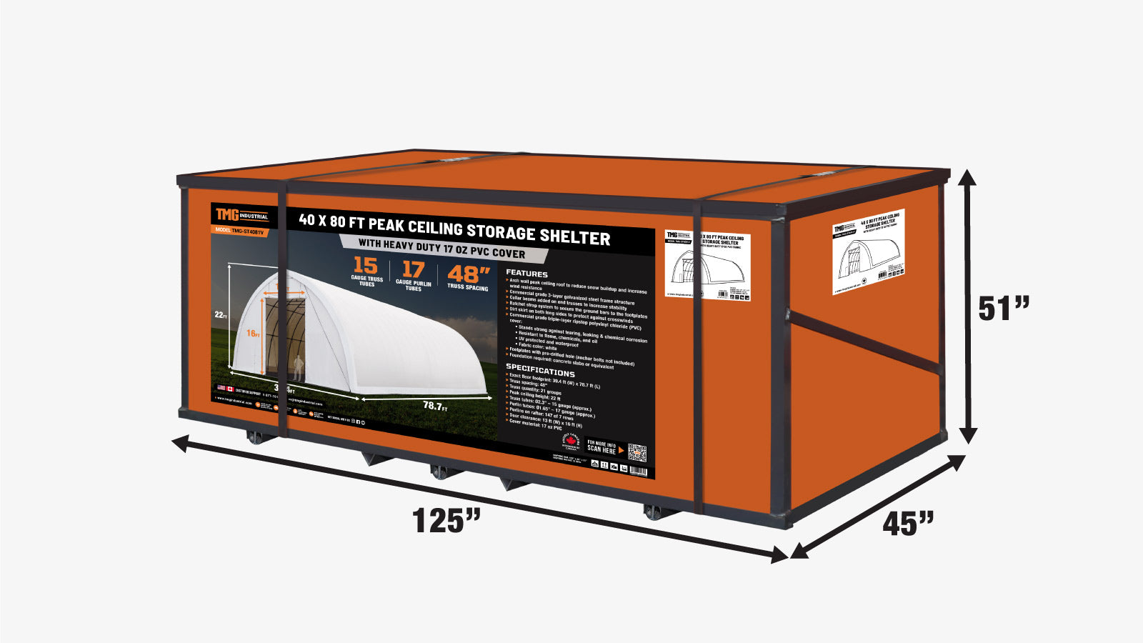 TMG-ST4081V 40' x 80' Peak Ceiling Storage Shelter, Single Truss, 17oz Commercial Grade PVC Cover, 13' Wx 16' H Wide Open Door on Two End Walls-shipping-info-image