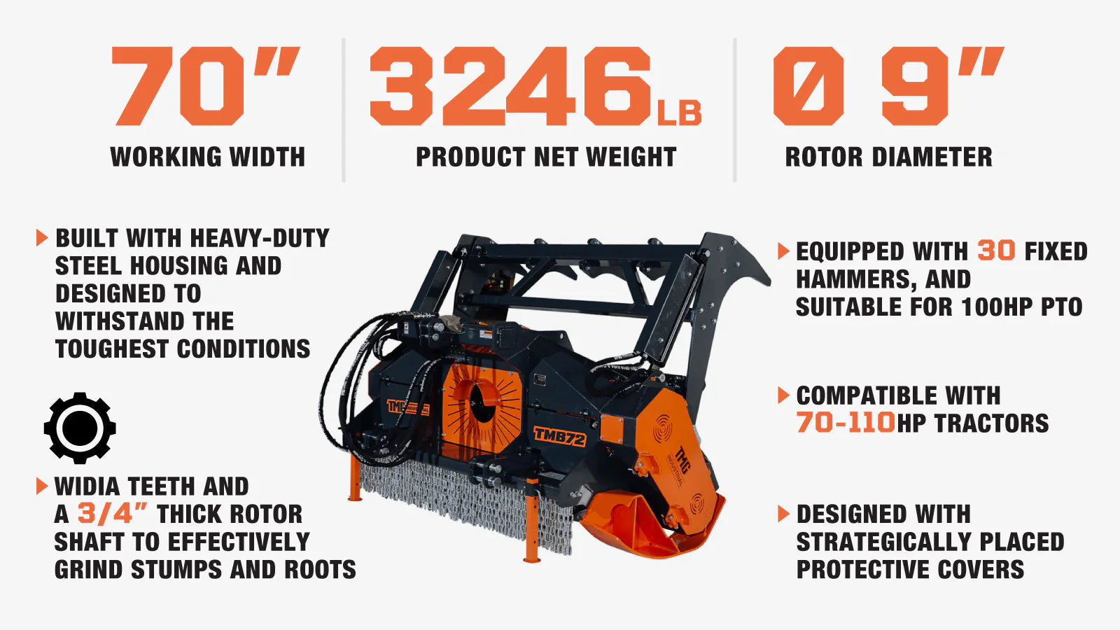 TMG Industrial 70” Forestry Brush Mulcher, Category 2 Hookup, Widia Cutting Teeth, 70-110 HP Tractors,  3-PTO Shaft Included, TMG-TMB72-description-image