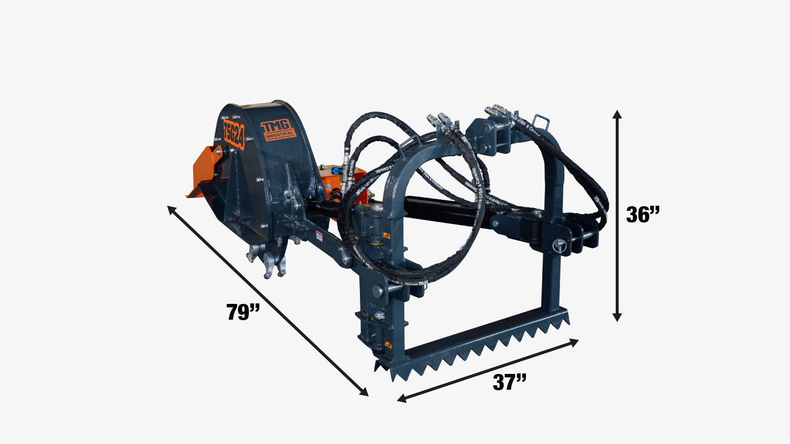 TMG Industrial 3-Point PTO Stump Grinder, 20-60 HP, Cat 1 & 2 Hookups, 12” Below & 18” Above Ground, 40° Cutting Arc, TMG-TSG24-specifications-image