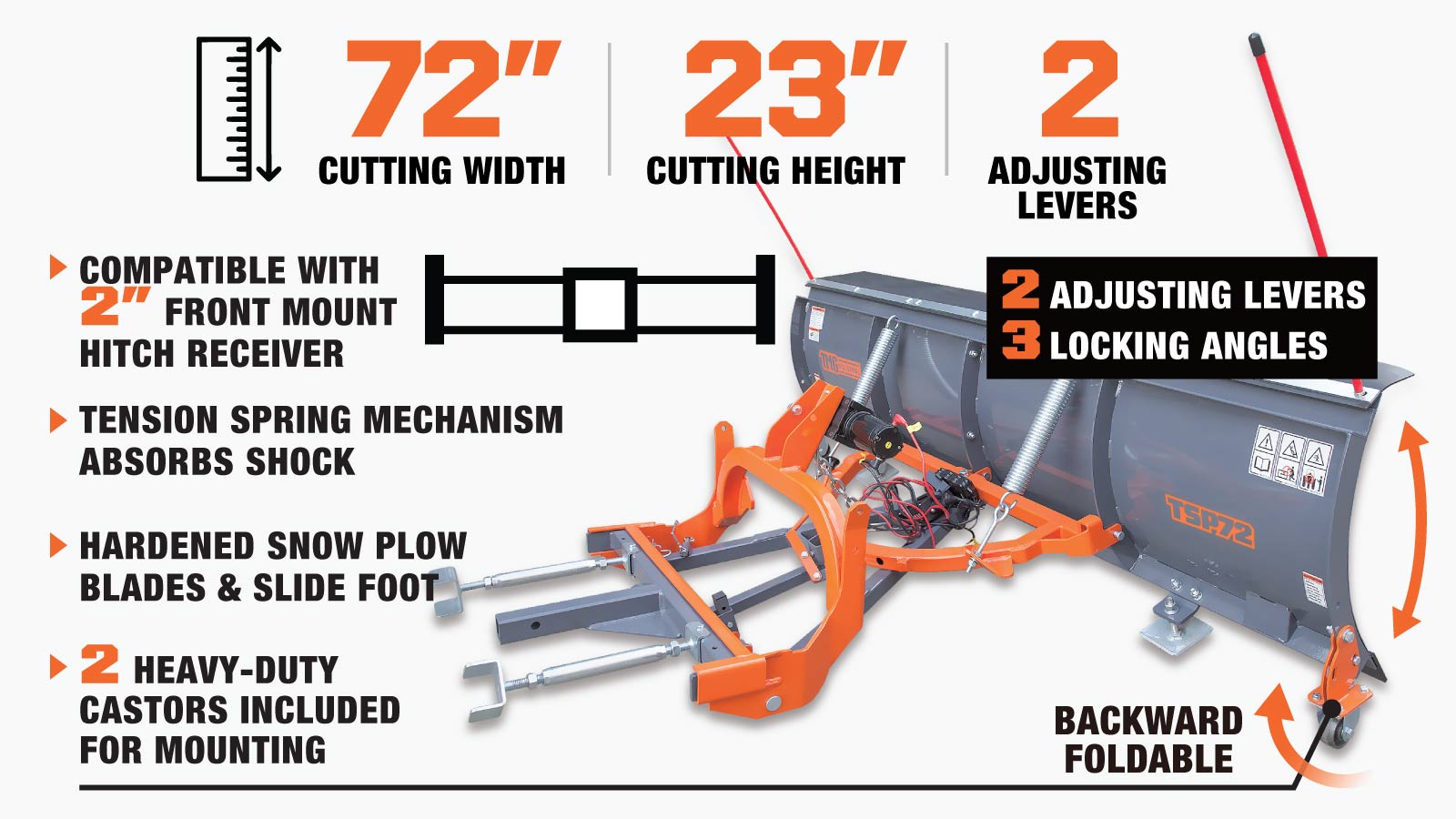 TMG Industrial 72” Truck/SUV Front Mount Snow Plow Pusher, Left and Right Angle, 2” Mount Receiver, Wireless Winch Control, TMG-TSP72-description-image