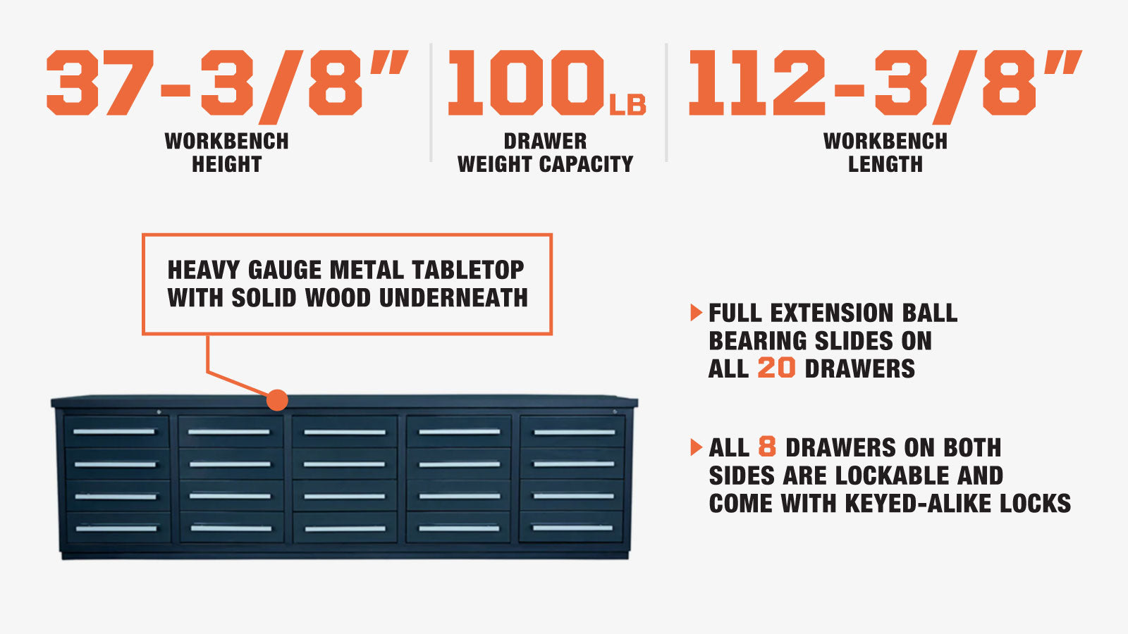 TMG-WB20D 10' 20-Drawer Workbench with Keyed Alike Locks-description-image