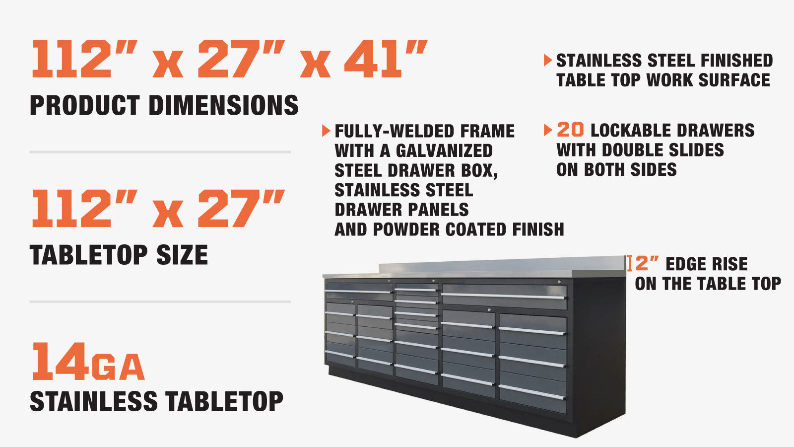 TMG Industrial Pro Series 10-FT 20 Drawer Stainless Steel Table Top Workbench, Powder Coated Drawer Fronts, Double Slide Lockable Drawers, All-in-one Welded Frame, TMG-WB20DS-description-image