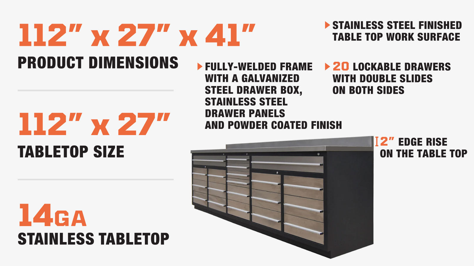 TMG Industrial Pro Series 10-FT 20 Drawer Workbench with Stainless Table Top and Drawer Fronts, Double Slide Lockable Drawers, All-in-One Welded Frame, TMG-WB21DS-description-image