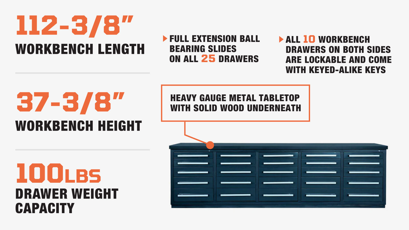 TMG-WB25D 10' 25-Drawer Workbench with Keyed Alike Locks-description-image