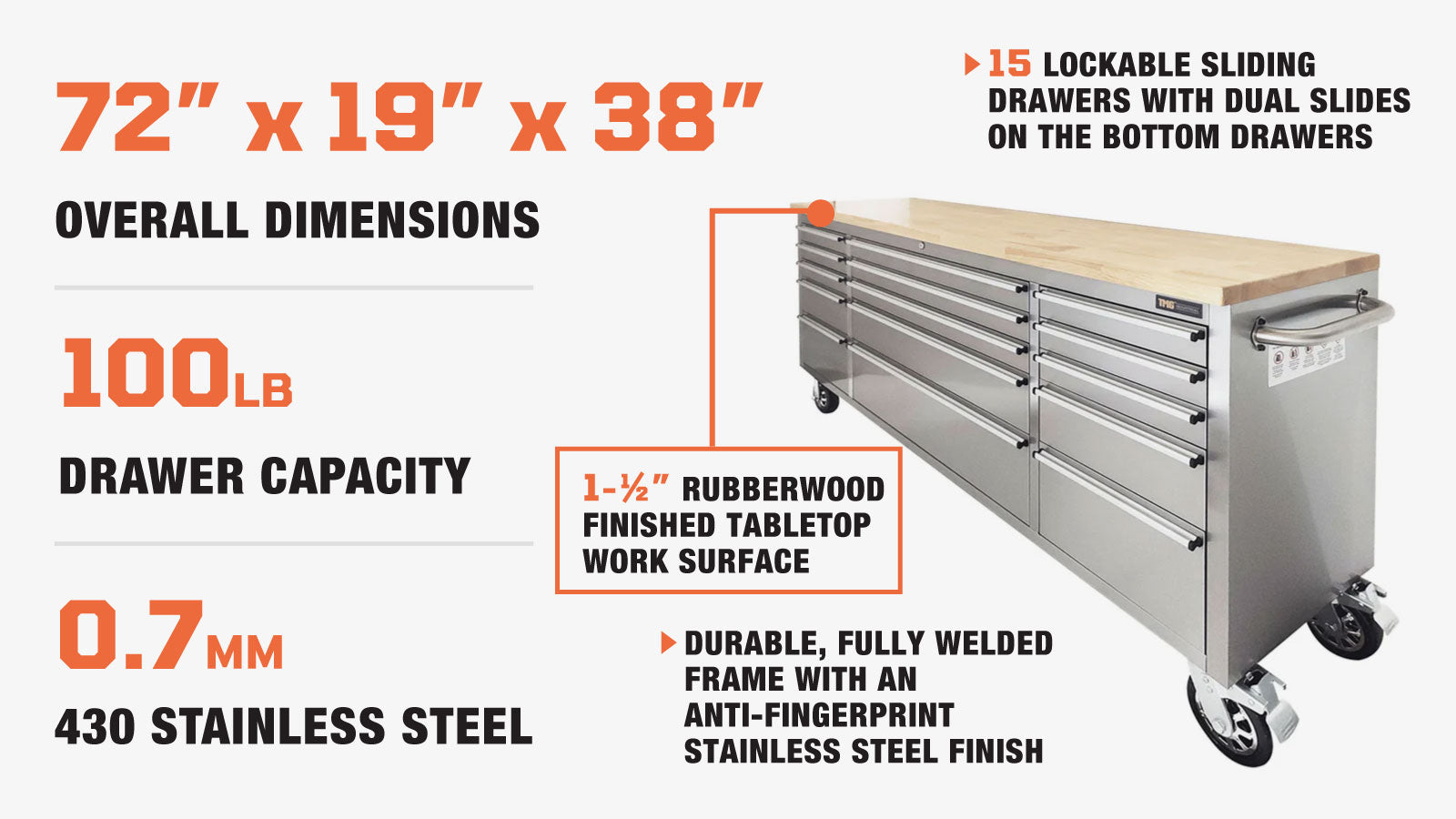 TMG Industrial 72” Stainless Steel Rolling Workbench, Rubberwood Tabletop, 15 Lockable Drawers, Locking Wheels, TMG-WB7215S-description-image