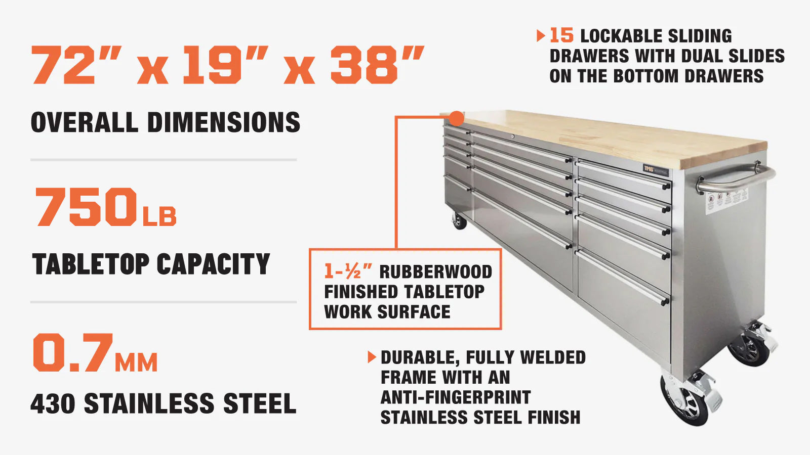 TMG Industrial 72” Stainless Steel Rolling Workbench, Rubberwood Tabletop, 15 Lockable Drawers, Locking Wheels, TMG-WB7215S-description-image