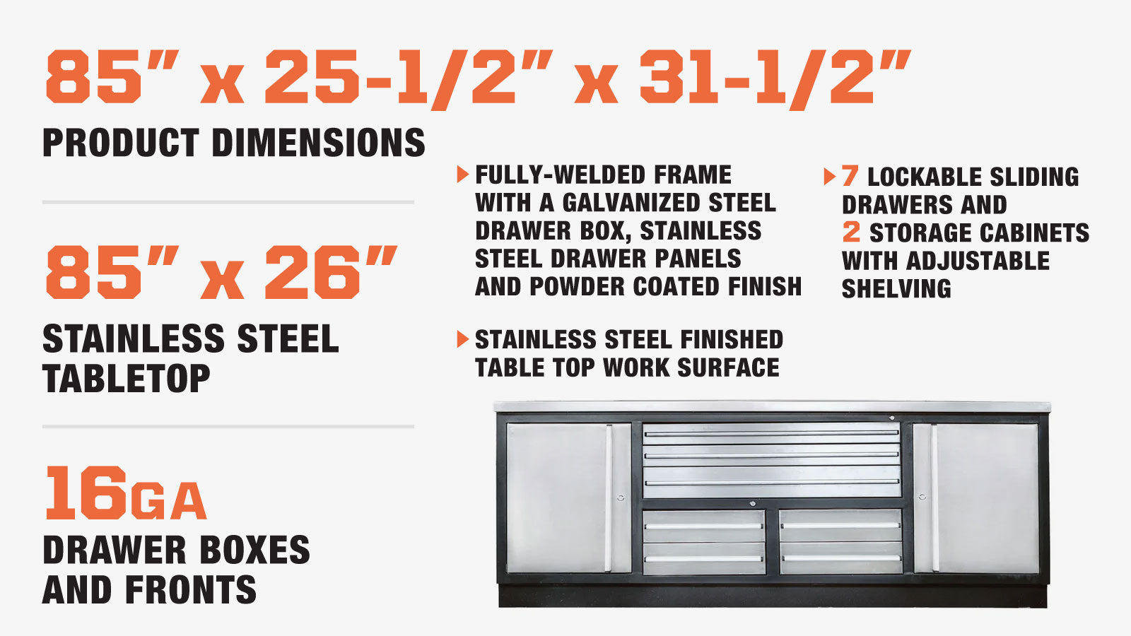 TMG Industrial Pro Series 85” Stainless Steel Workbench, 7 Lockable Drawers, 2 Storage Cabinets, Adjustable Shelving, All-in-One Welded Frame, TMG-WB85S-description-image