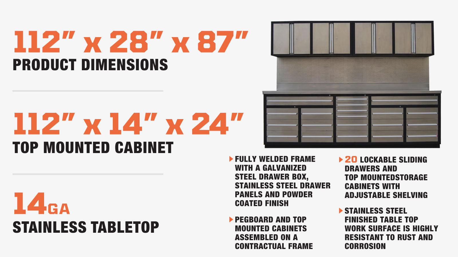 TMG Industrial Pro Series 10-FT 20 Drawer Stainless Steel Workbench Cabinet Combo, Stainless Steel Tabletop, Pegboard and Drawer Fronts, 20 Lockable Drawers, Wall-Mounted Cabinets, Adjustable Shelving, Fully All-in-one Welded Frame, TMG-WBC20DS-description-image