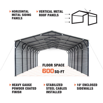 TMG Industrial 20' x 30' Metal Shed Carport, 10' Enclosed Sidewalls, 6 —  TMG Industrial USA